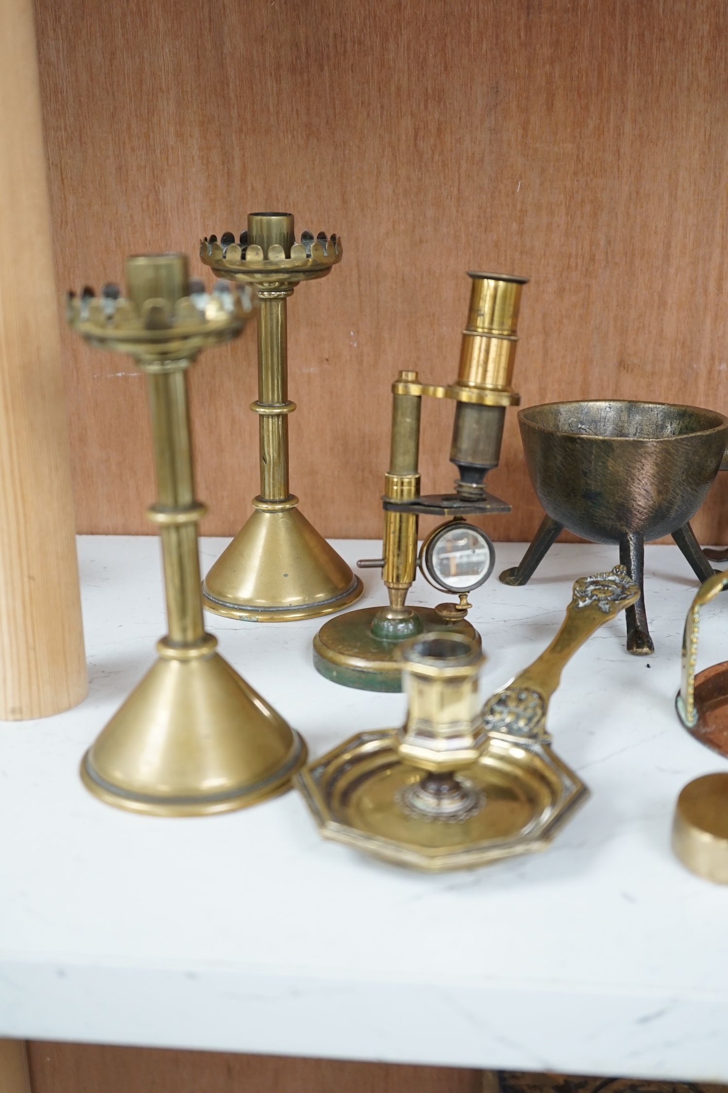 Metalware: to include 19th century vein-cutter, a pair of candlesticks, a candle holder, quaich etc., candlesticks 16cm high (11). Condition - fair